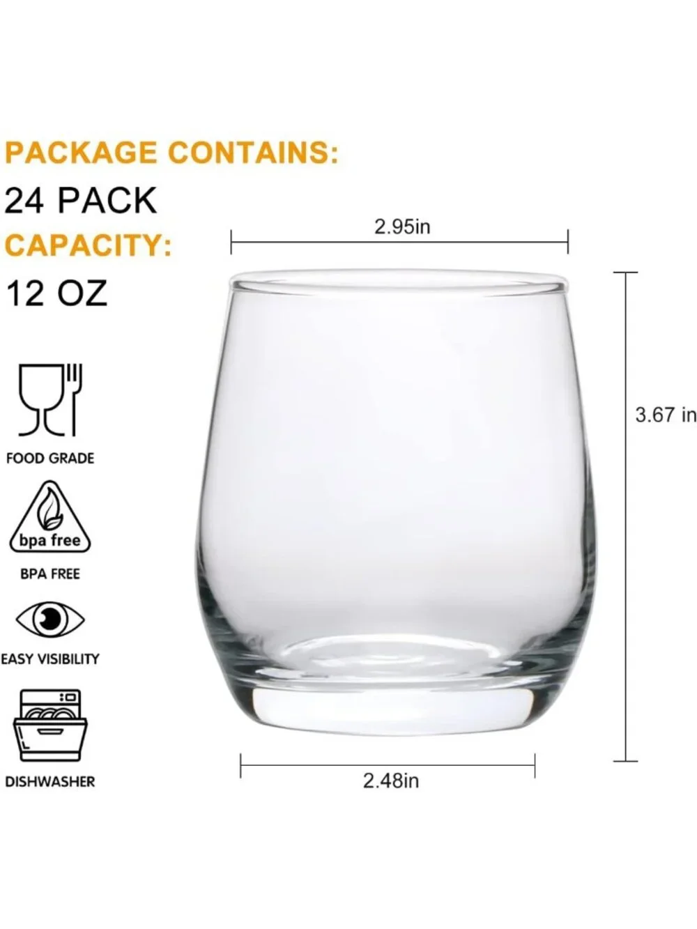 Set of 24 Stemless Wine Glasses, 12 oz Elegant Drinkware for Parties & Events